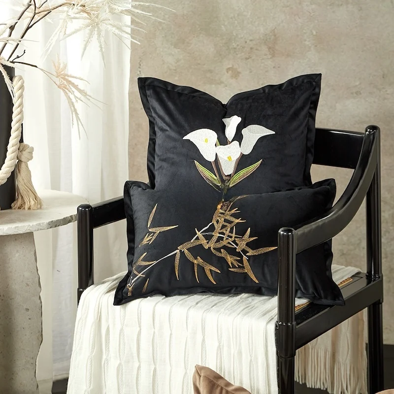 Black Khaki Embroidery Pillows Luxury Retro Bamboo Cushion Case Velvet Decorative Pillow Cover For Sofa Chair Home Decorations