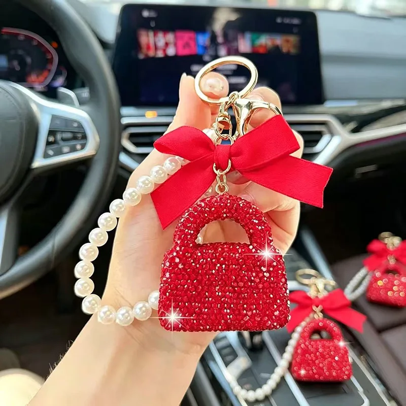 Fashion Bow Diamond Set Love Car Keychain Pearl Chain Peach Heart Bag Pendant Keychain Gift
