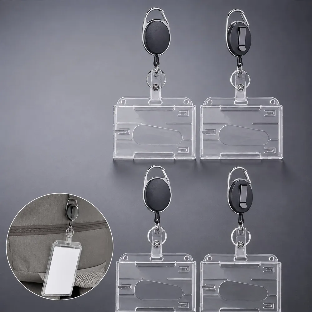 Vertical 2-Card Badge Holder with Thumb Slots, Hard Transparent PC Case Protector, Retractable Badge Reel with Carabiner