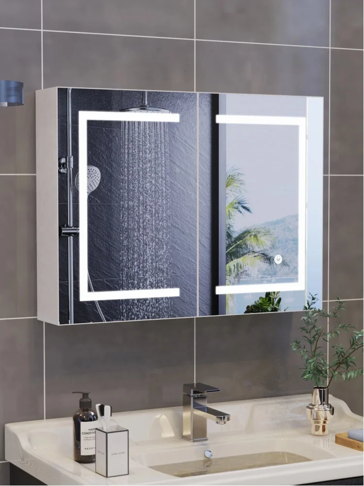 Anajqaqia LED Smart Spiegelschrank für Badezimmer - 60x80cm Wandmontierter Doppeltüriger Schminkschrank mit Spiegel