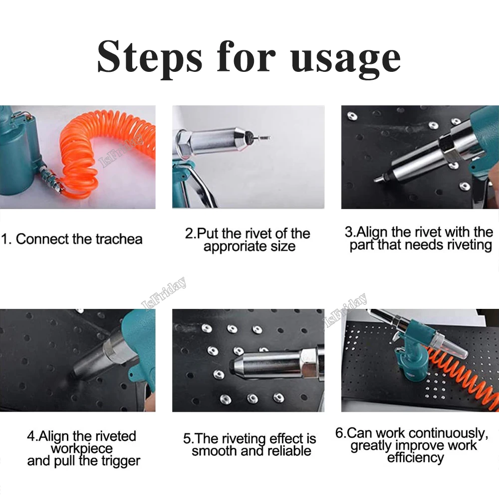 Prego Industrial Ferramenta de Rebite, 3-Jaw Air Riveter, Heavy Duty Pneumática Rebitagem Gun, Capacidade 2.4mm, 3.2mm, 4.0mm, 4.8mm