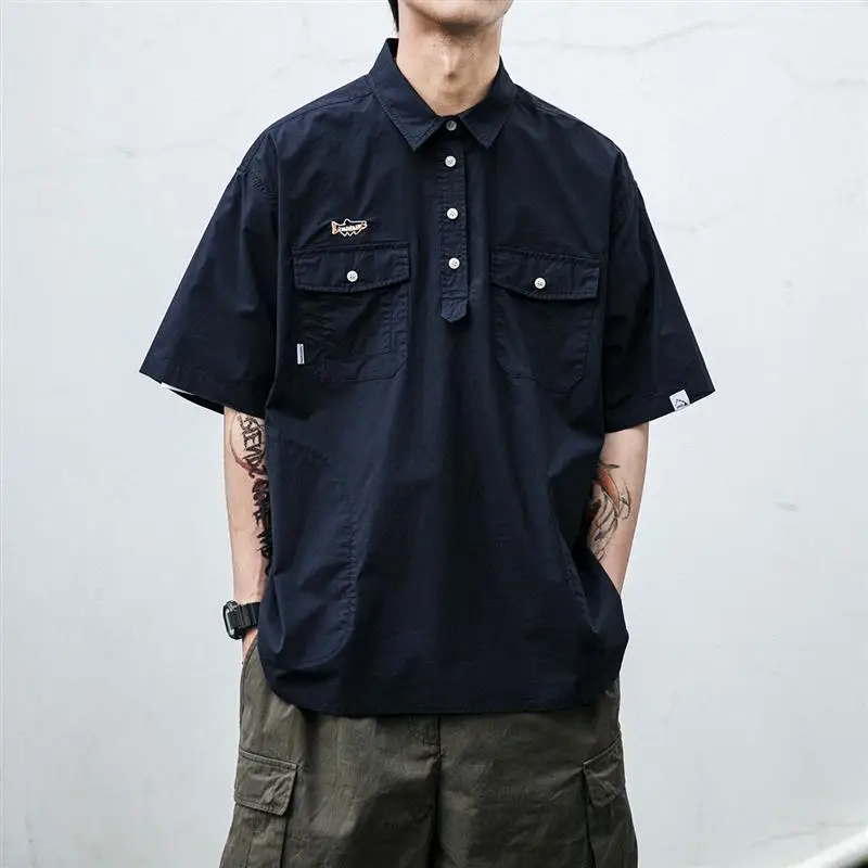 Summer Loose Fit Casual  Shirt Short Sleeve Pure Color Unisex Retro Workwear Style Five Button Placket T-Shirt