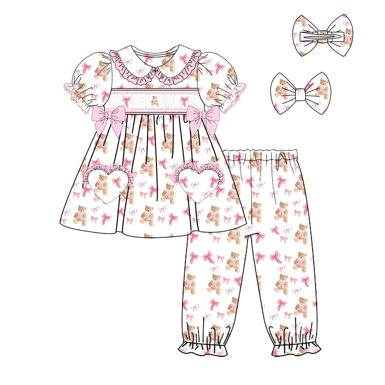 Summer New Boutique Baby Girl Clothes Short Sleeve Cartoon Animal Bow Print Trousers Elastic Two Piece Set Girl Suit Pajamas Set