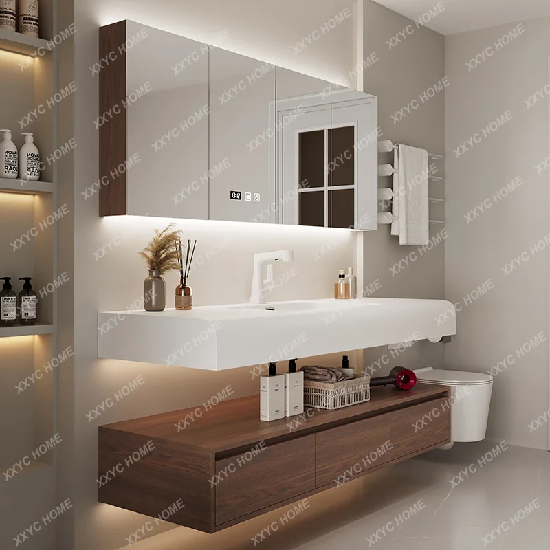 LNew bathroom walnut skin feeling Corian integrated hand wash basin bathroom cabinet