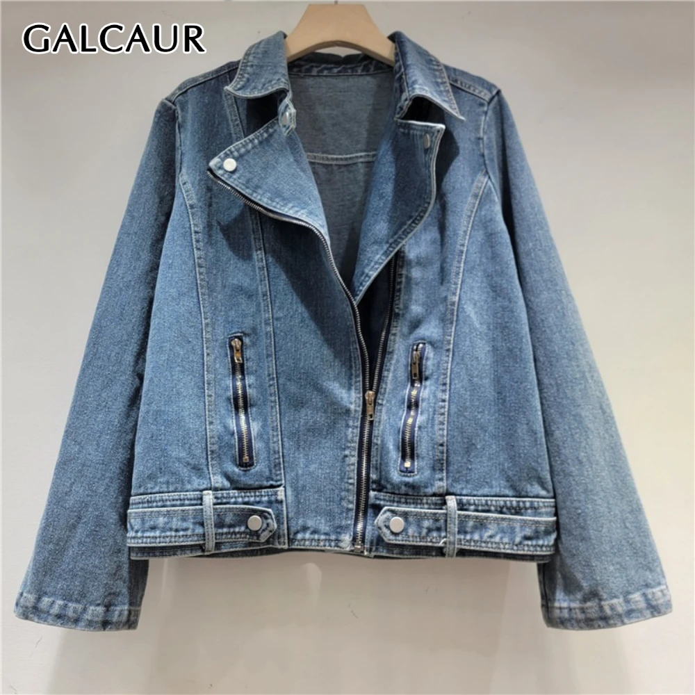 

GALCAUR синяя куртка на молнии, женская куртка с лацканами и длинными рукавами, свободная уличная одежда, базовые женские куртки, осенняя мода, стиль, новинка