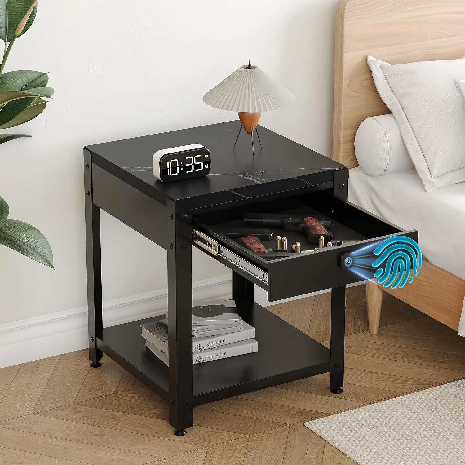 Biometric Nightstand with Hidden Fingerprint Lock Drawer, Modern End Table for Bedroom & Living Room, Black 2 Pack, Customized