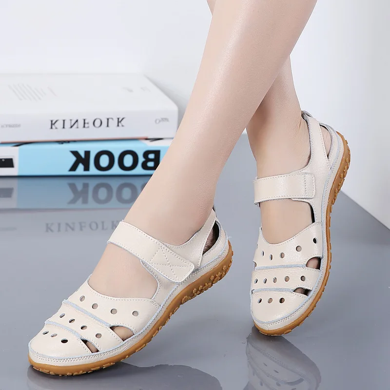 Madre donna donna donna vera pelle scarpe bianche sandali Hook Loop Summer Cool Beach Hollow Soft