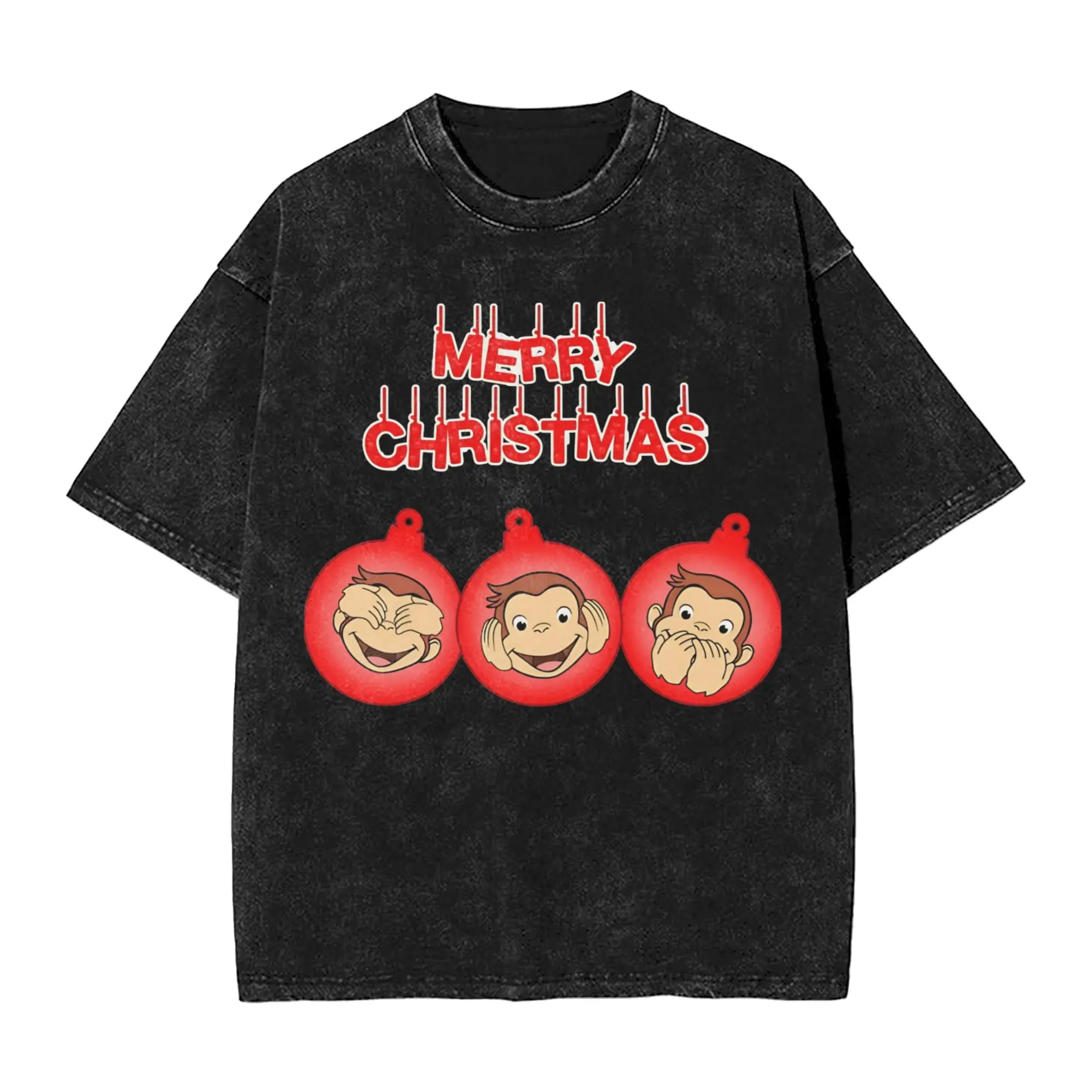 2026 Merry Christmas Curious George Washed Shirt Outfit Harajuku T-Shirt  for Men Women Tees