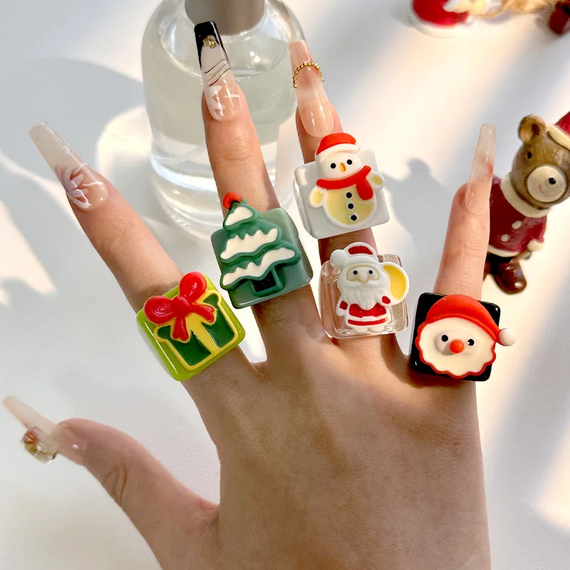 European and American Multi-color Resin Christmas Drop Glue Ring Women's Fun and Joyful Party Christmas Eve Jewelry Ring