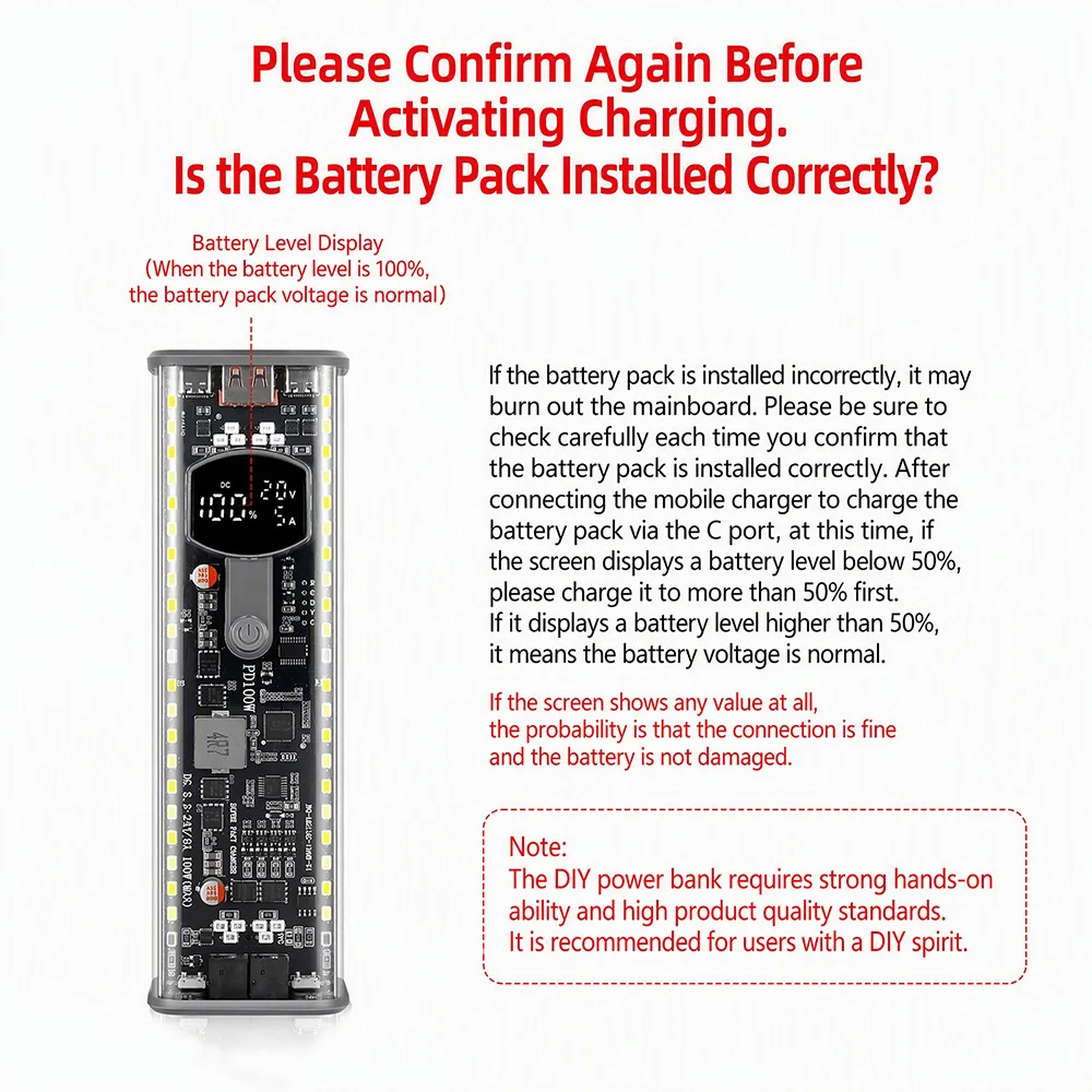 8*21700 PD100W Power Bank Case Transparent Power Box DC Voltage Regulation Solder-Free LED Display Not Included Battery