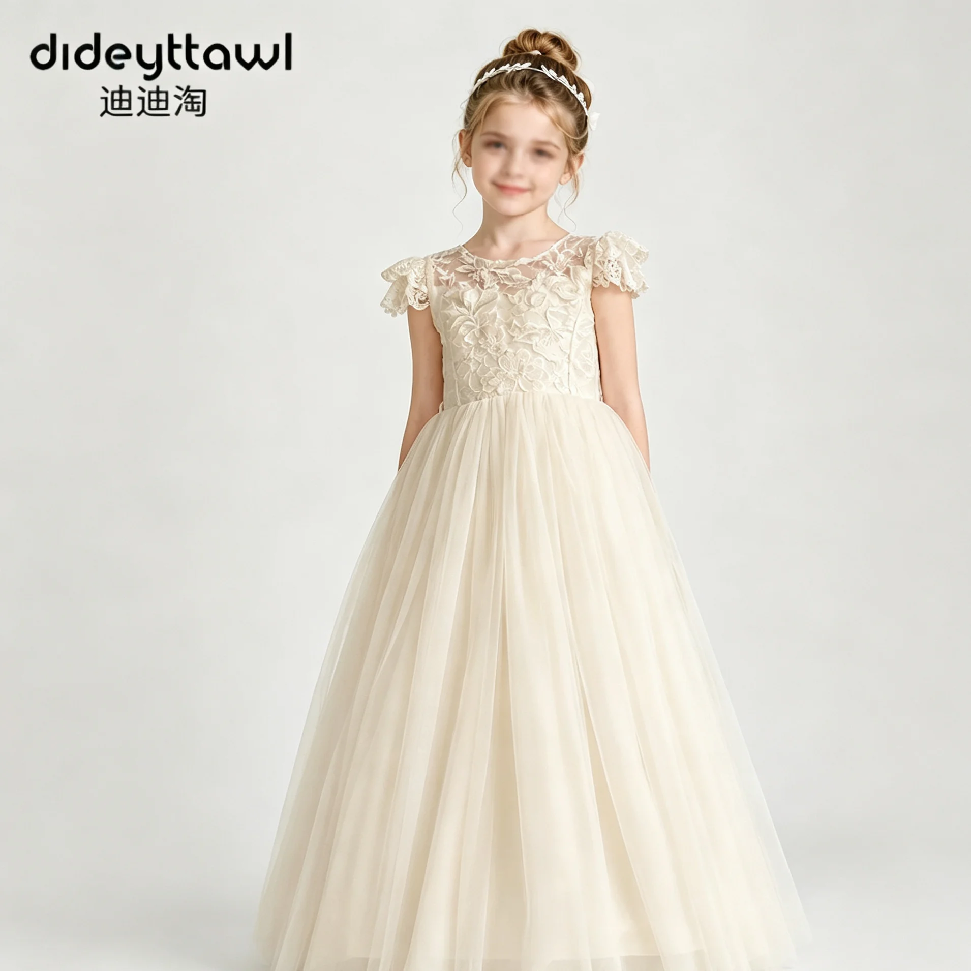Dideyttawl Ruffle Cap Sleeve Lace Flower Girl Dress Tulle Floor Length Pageant Gown Back Bow Hollow Kids Wedding Party Dress