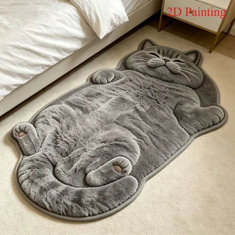 VIKAMA Lazy English Short Blue Cat Alien Plush Long Bed Carpet Entrance Bathroom Living Room Cute Cartoon Home Floor Mat