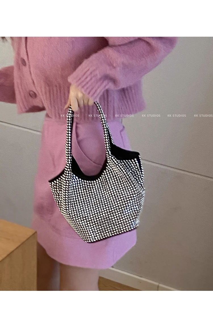 JIAERDI Vintage Rhinestone Bucket Bags Women 2023 Y2k Grunge Retro Silver Shoulder Bags Ladies Fairycore Shiny Handbag Female