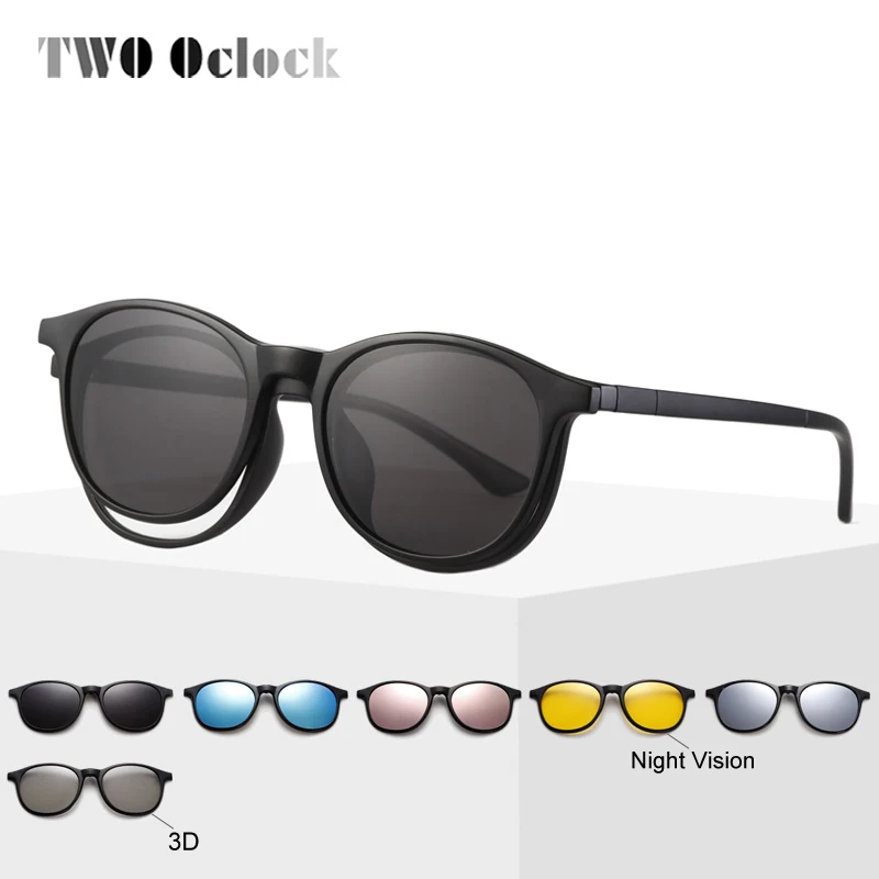 TWO Oclock Magnet Sunglass Women Men Polarized Lens Optical Spectacle Frame Clip On Glasses Men Round TR90 3D Night Vision A2245