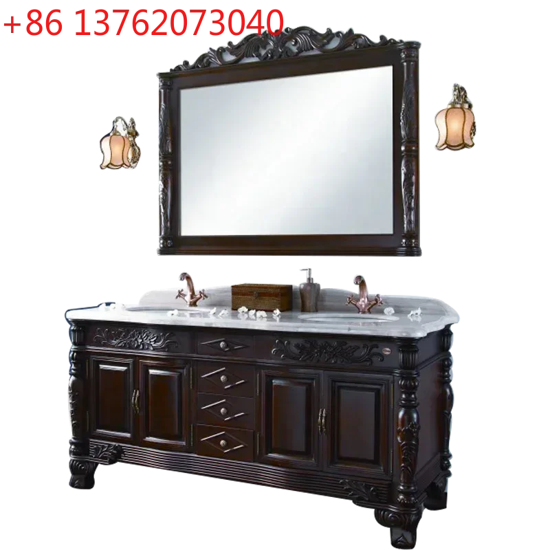 Antique European style froor standing double basin wooden bathroom cabinet vanity with hand-carved details