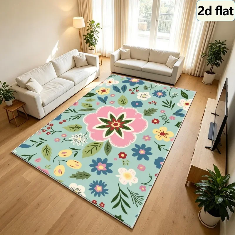 Cute Bohemian Style Colorful Wildflower Carpet, Square Carpet, Non-Slip, Washable Floor Rug Suitable for Children's Room, Home D