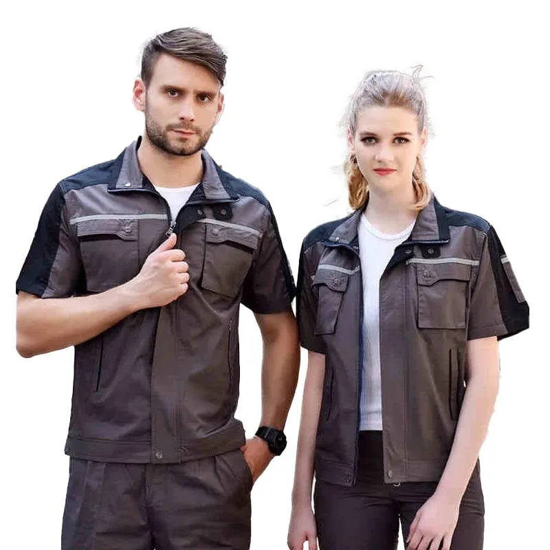 Men Women Summer Workwear Factory Workshop Uniforms Work Clothes Set Short-sleeve Coveralls Contrast Color Safety Reflective