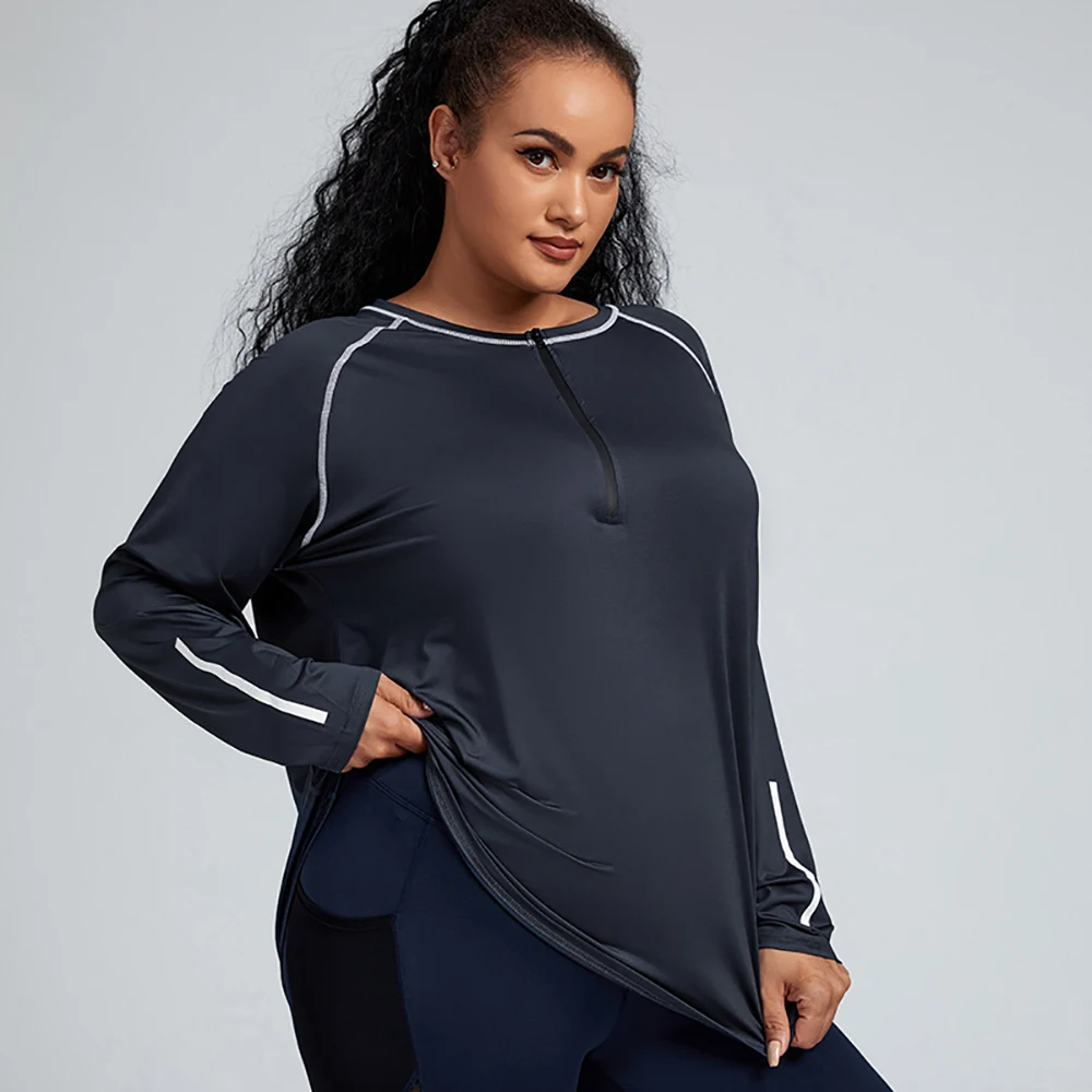 Long Sleeve T-Shirts Women Stretch Sweatshirt Ladies Half-Zipper Spring Workout Tops 4Xl Yoga Wear Solid Color Sports Top