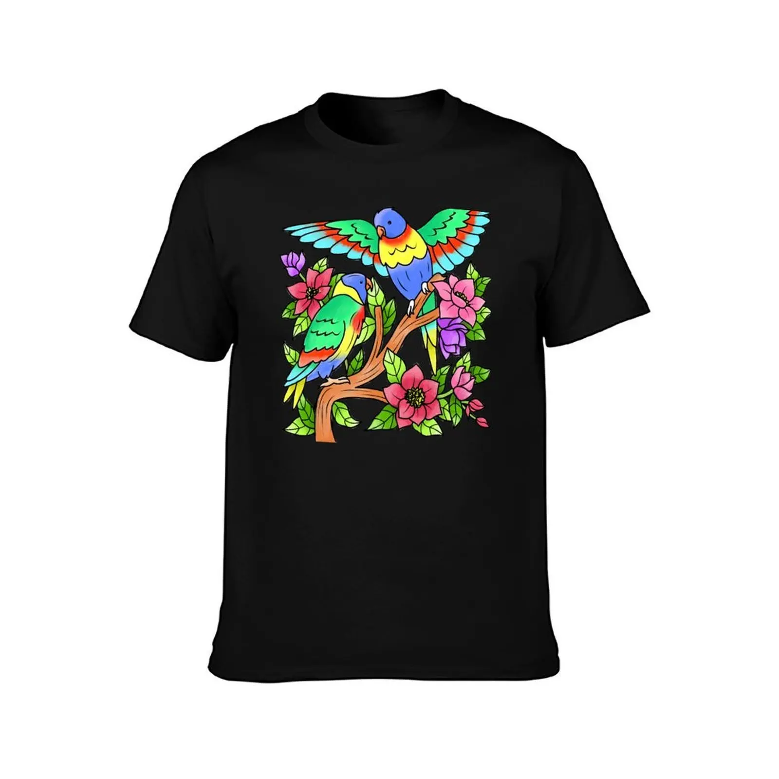 Parrot Couple Exotic Flower Summer Design Rainbow Lorikeets T-Shirt Athletic Fit Sports Short Sleeve
