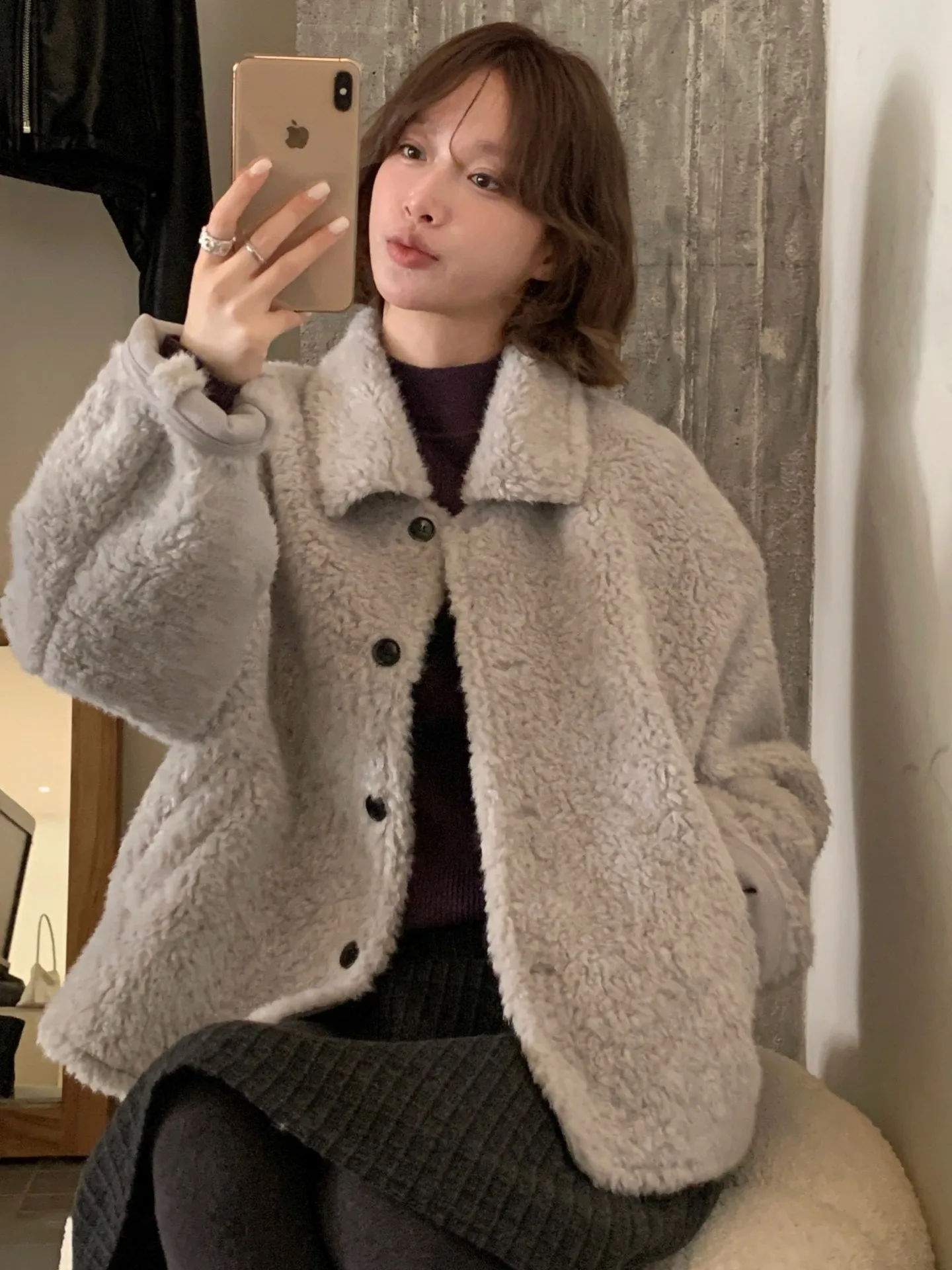 معطف شتوي نسائي كوري Sle دافئ فروي ort Jaet مصنوع من الجلد والفراء الناعم اللطيف المضاد للشيخوخة للسيدات