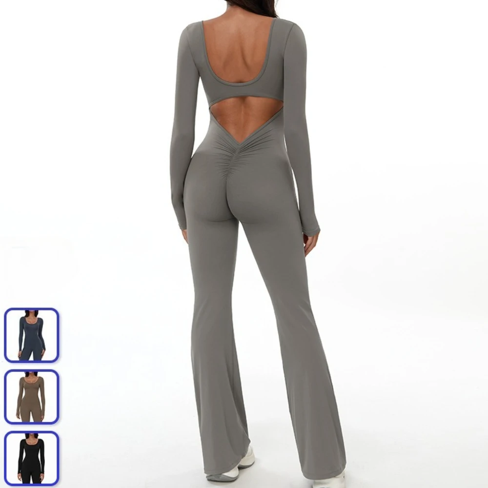 

Sexy Hollow Back Yoga Jumpsuits Long Sleeve Hip Push Up Flare Pants One-Piece Jumpsuit Women Stretch Sport Fitness Gym Bodysuit