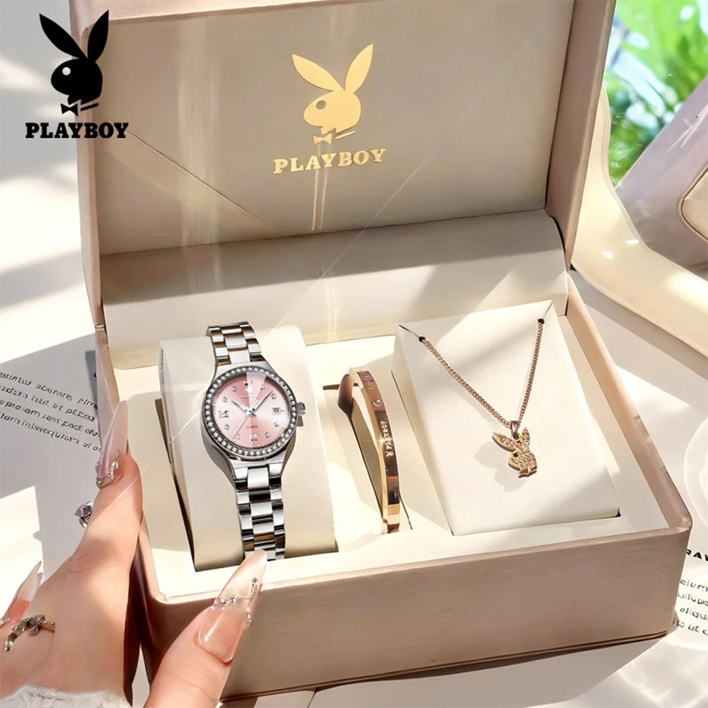 playboy-3129-brand-original-authentic-watch-for-woman-gift box-quartz-women's-watch-with-diamond-shaped-mirror-with-steel-belt
