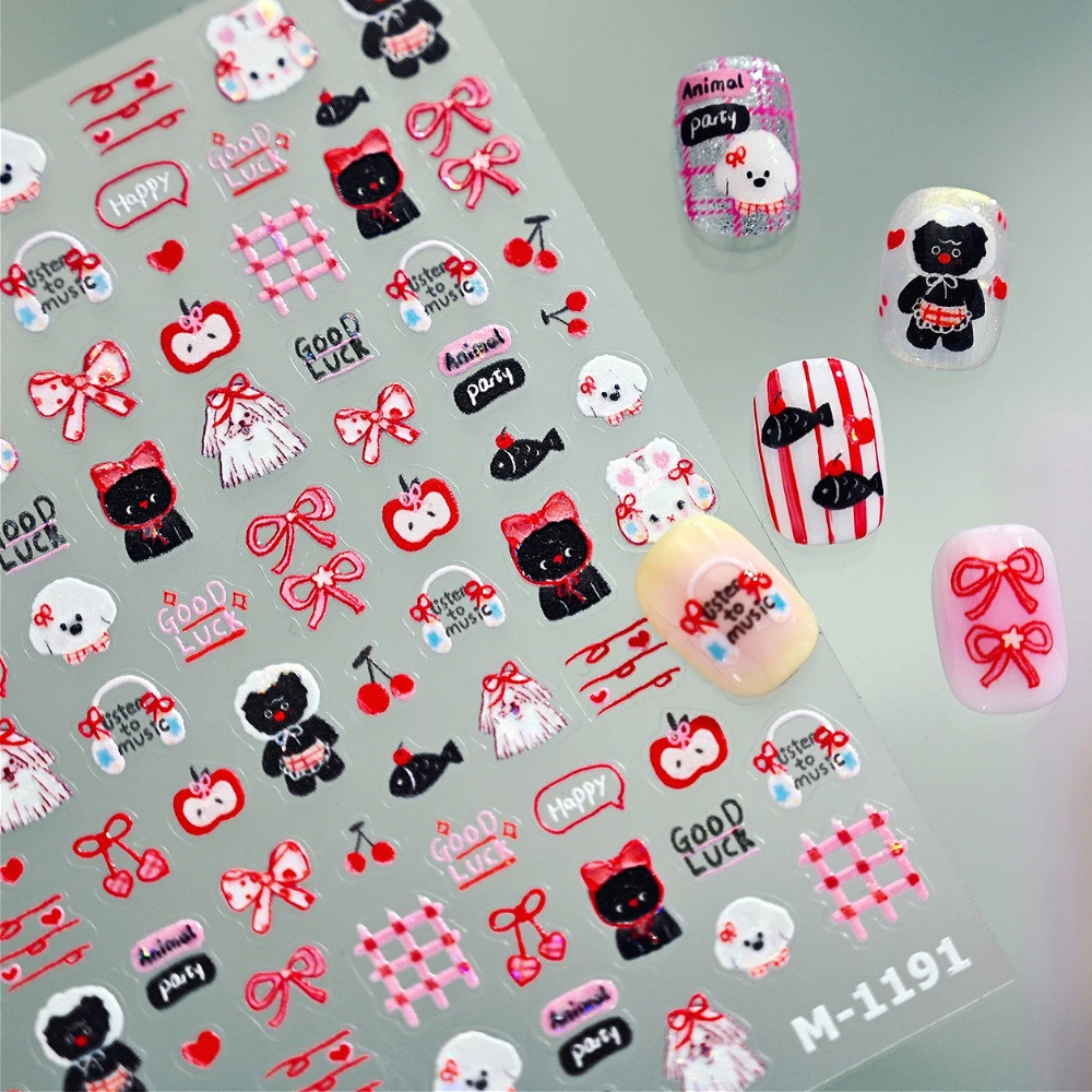 جميل لامعة أرنب الكلب القط Bowknot الكرز أبل الحب ثلاثية الأبعاد ذاتية اللصق مسمار الفن ملصقات لطيف الكرتون الكتابة على الجدران مانيكير الشارات