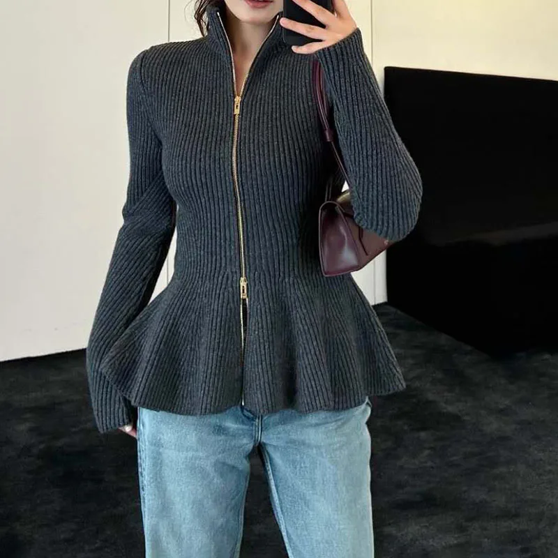 Women's Wool Fitted Coat, Stretch Knit Long-Sleeve Top, High-Quality Knitwear, Ruffled Fitted Cardigan, 2026 New Arrival Sweater