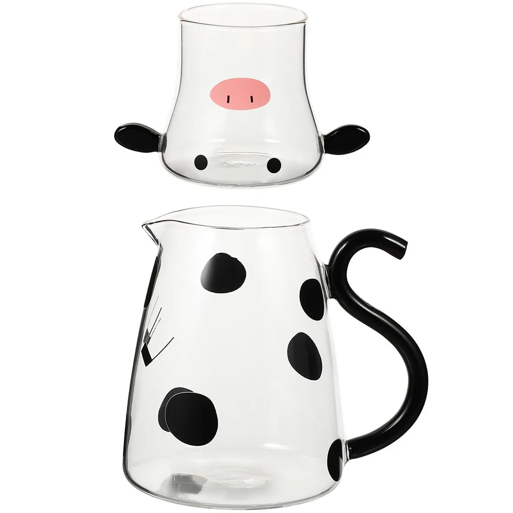 

Cartoon Cow Clear Glass Water Pitcher Milk Carafe Large Capacity Lid Cup Set Suitable Home Office Restaurant Cold Drinks