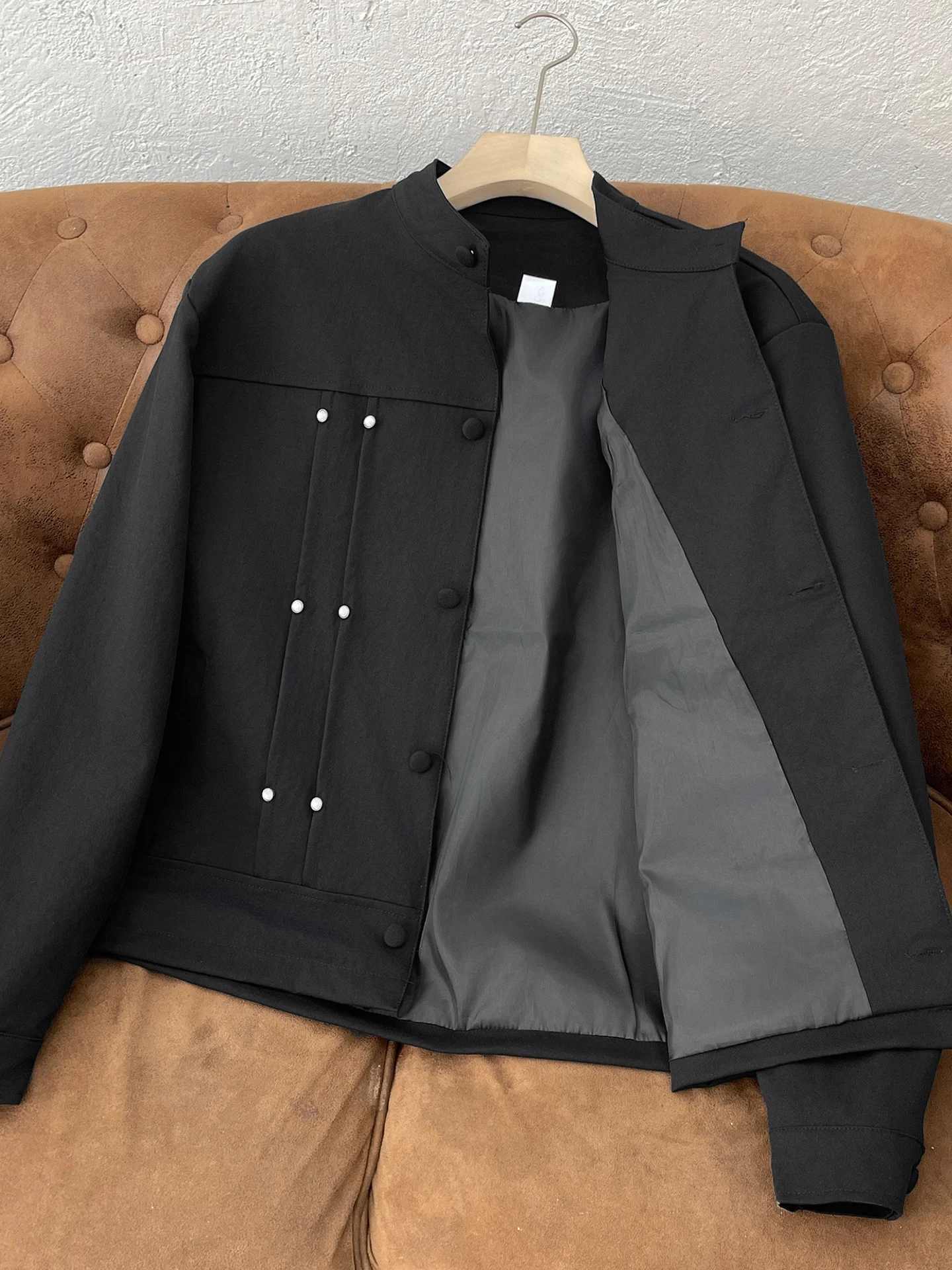 

Loose Fit Spor Stand Collar Jaet for Men Retro Sle Casual Trendy Brand Teenage Design Open Front Long Sve Polyester