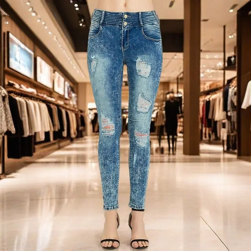 Stretchy Skinny Ripped Jeans Women Destroyed Pencil Pants Torn Trousers Ladies Vintage Denim Trousers Distressed Jeggings Slim