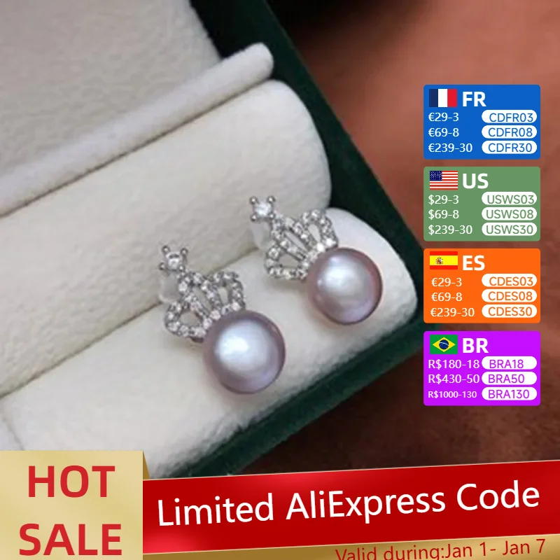 New Freshwater Pearl Earrings Crown Stud Earrings 8-9mm Niche Design Sense Simple And Versatile Cross-border