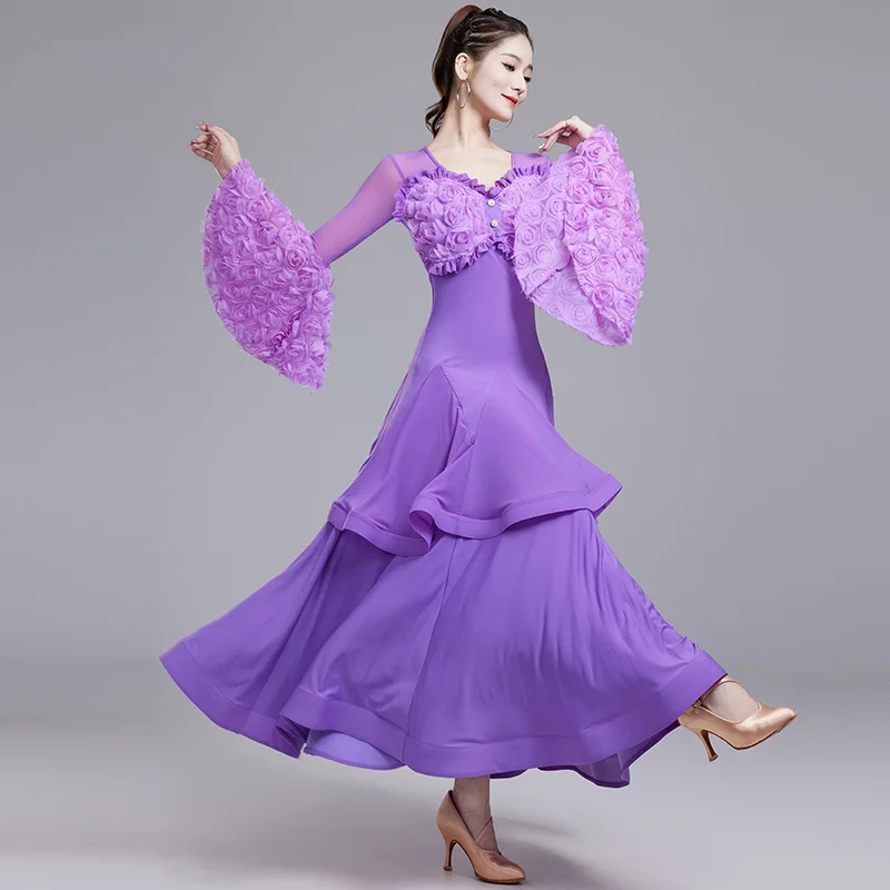 

Latin Dance Dress Costume Flower Long Sleeve Dress Ballroom Dance Competition Clothes Women Waltz Latin Dance Dress DQL9453
