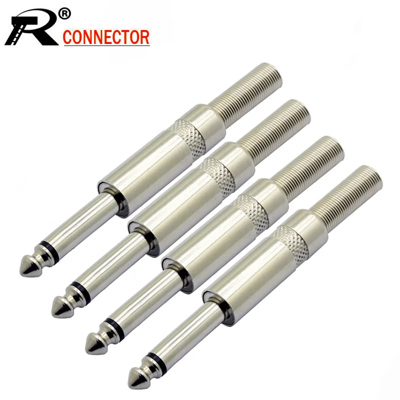10pcs/lot 6.35mm 2 Poles Mono Male Audio Plug Cable Wire Connector 1/4 Inch Mono Jack With Spring Microphone Connector
