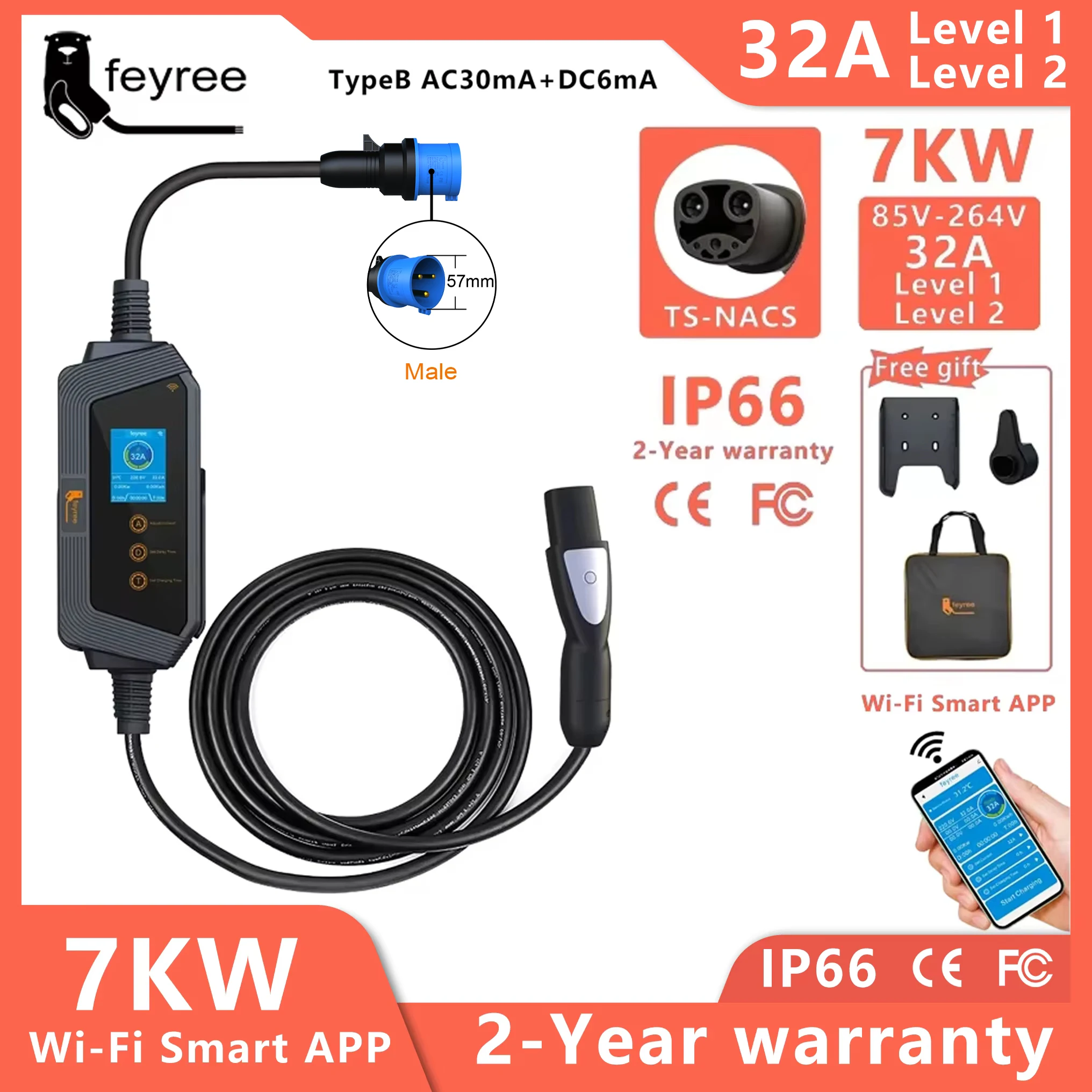 feyree Portable EV Charger with Tesla NACS Connector 32A up to 50A 12kw High Power EV wallbox with APP WIFI for All Tesla Models