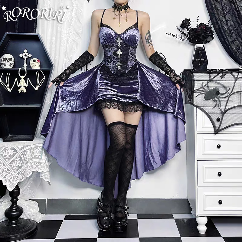 RORORIRI Gothic Cross Lace Stitch Velvet Camisole Dress Women Sexy Backless Irregular Draped Trailing Mini Dress Lolita Clothes