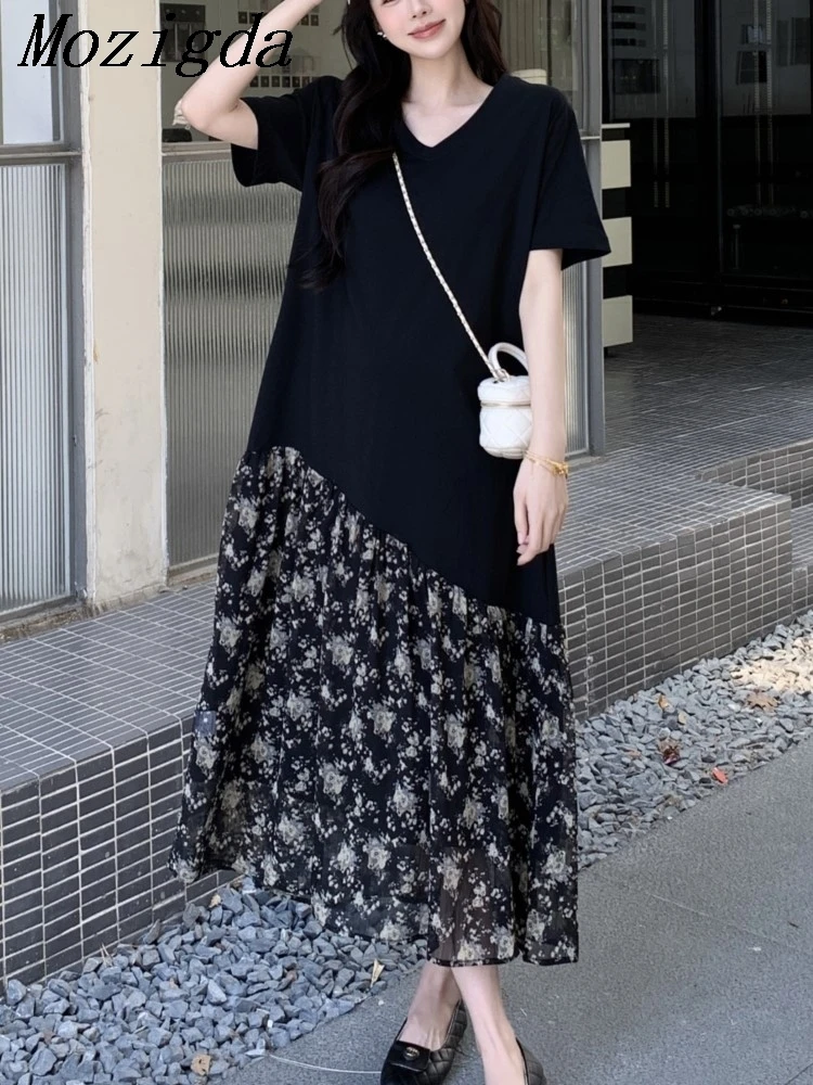 فستان نسائي كوري صيفي جديد من فيستدوس رداء Elbise فضفاض مقاس كبير مرقع قطعتين مزيفين بأكمام قصيرة فستان طويل