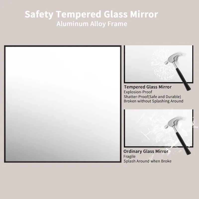 36"X36" Black Rectangle Bathroom Mirror Wall, Matte Black Aluminum Alloy Frame, Tempered Glass, Hangs Vertically or Horizo