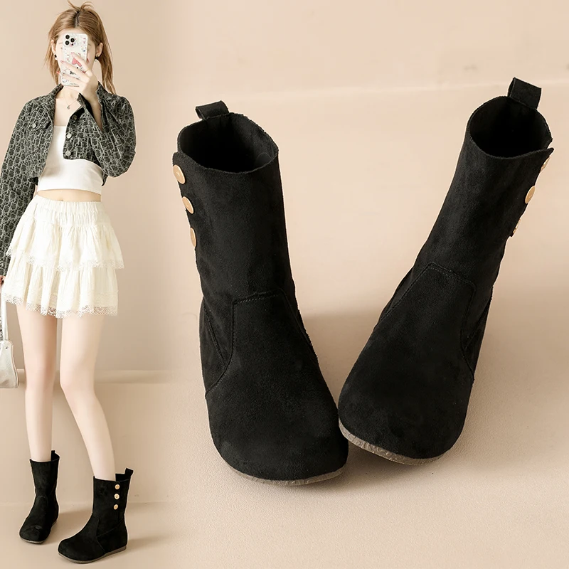 

2025 высококачественные популярные элегантные бархатные модные ботинки на массивном каблуке, женская уличная одежда, универсальные стильные тонкие короткие ботинки