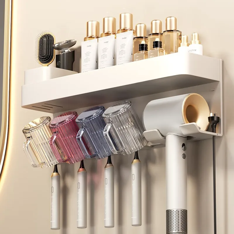 No Drill Bathroom Toothbrush Holder Shelf Space Aluminum Cups Hair Dryer Rack Wall Mounted Adhesive Organizer Family Washroom