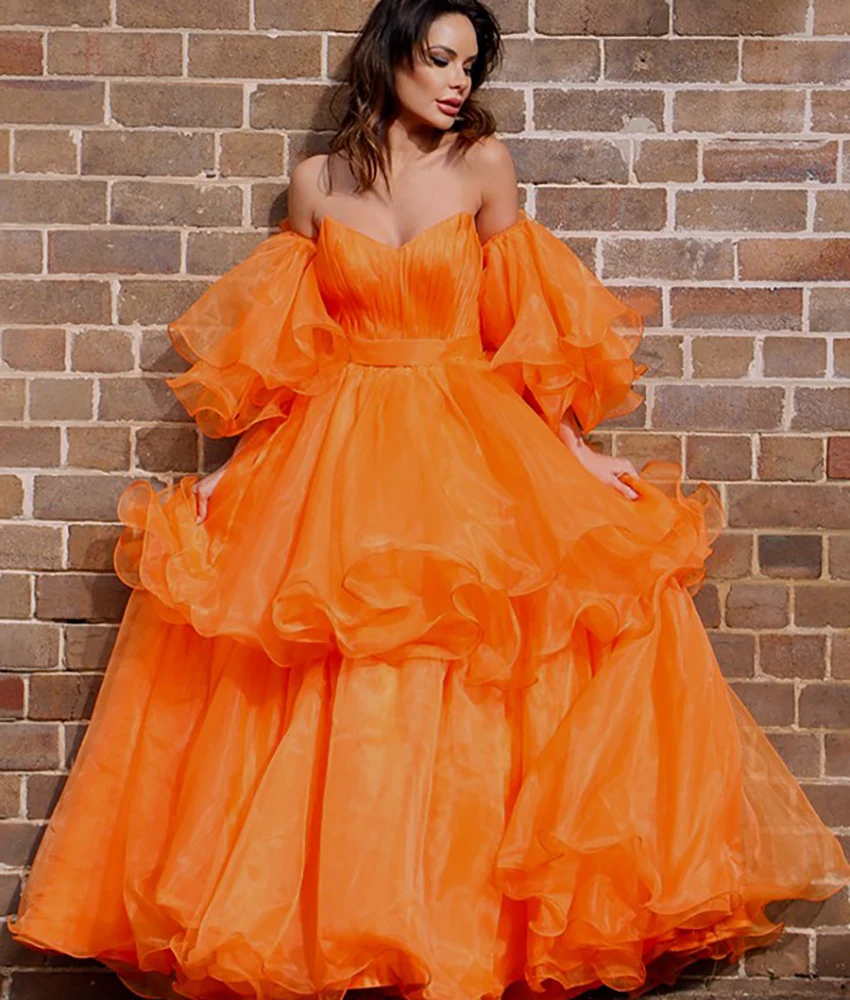 

Customized Classic Tulle A-Line Off the Shoulder Ruffles Tiered Evening Dress Delicate Sweetheart Long Sleeves Party Gowns