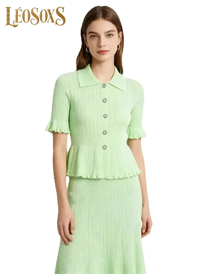 LEOSOXS Women Summer Lace Edge Knit Two Piece Set Short Sleeve Cardigan Skirt Versatile Commuter Casual Outfit