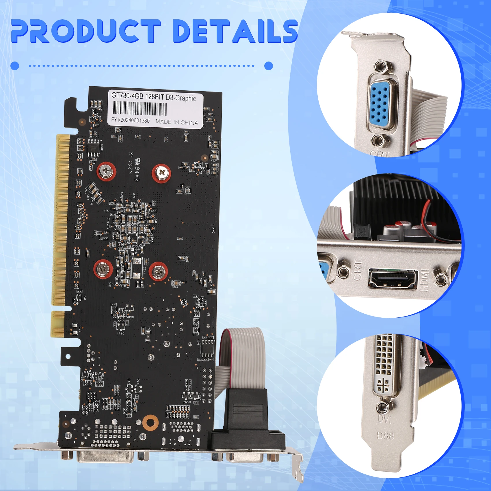 

RISEN GT730 4GB DDR3 128Bit Graphics Card with HDMI-Compatible VGA DVI Port Office Graphics Card for Office/Home
