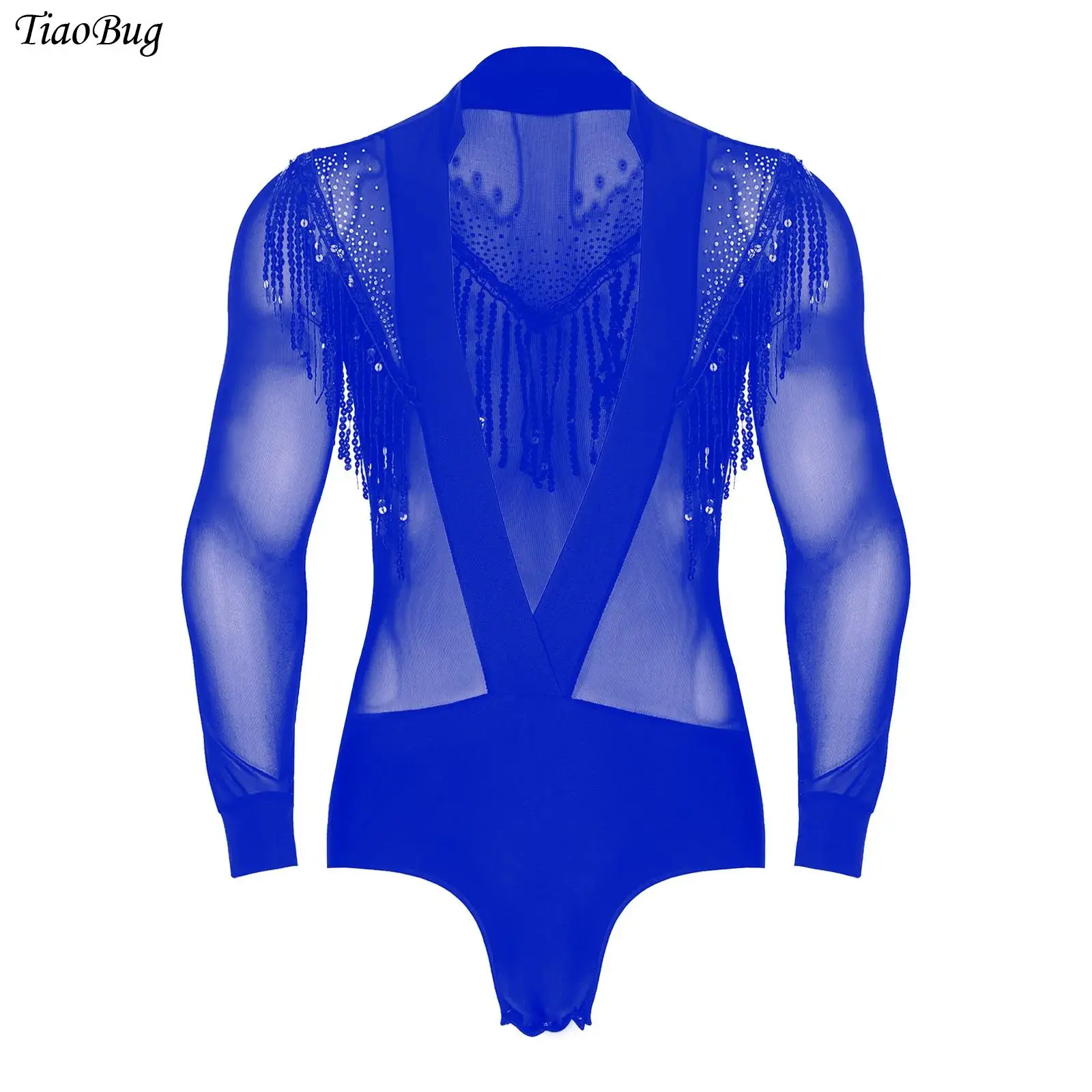 Męskie stroje do tańca latynoamerykańskiego, głęboki dekolt w serek, długi rękaw, cekiny, frędzle, siateczkowy trykot, body, koszulka, topy + spodnie, odzież do gimnastyki, chacha.