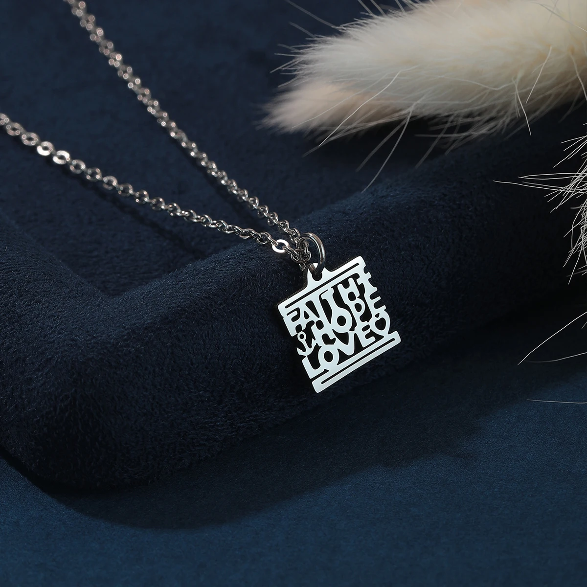 Kinitial Stainless Steel Laser Cut Faith Hope Love Pendant Square Necklace Charm Jewelry Birthday Party Gifts for Women Men