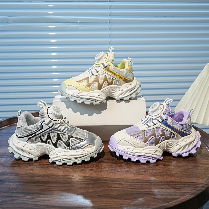 Kids Sneakers with Rotating Button Children Sports Shoes Mesh Breathable 2025 Autumn New Boys Girls Casual Running Shoe Non-slip
