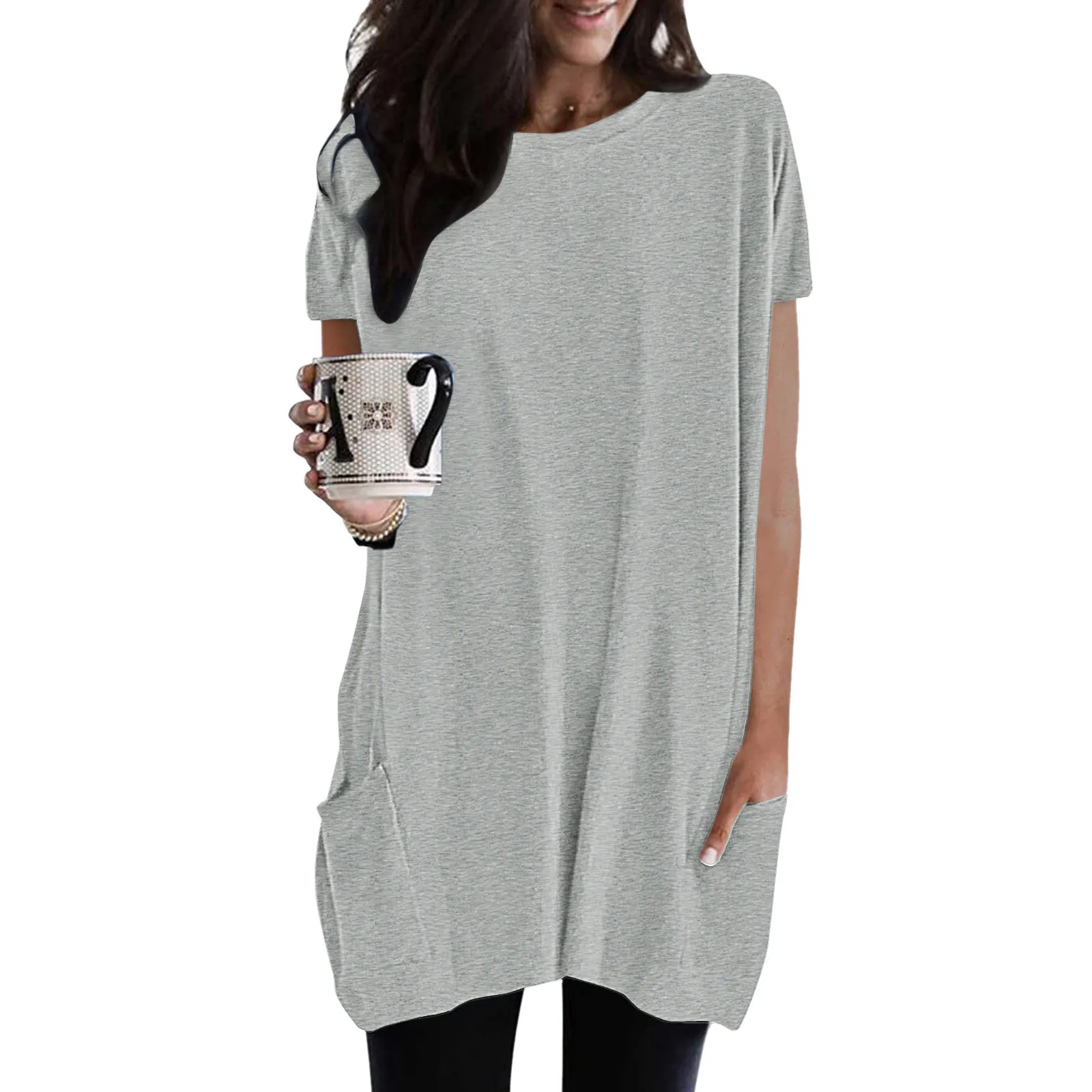 Women Long T-Shirts Summer Casual Solid Loose Pullover Crewneck Shirts Short Sleeve Tunic Tops Blouse With Pockets Lady Pullover