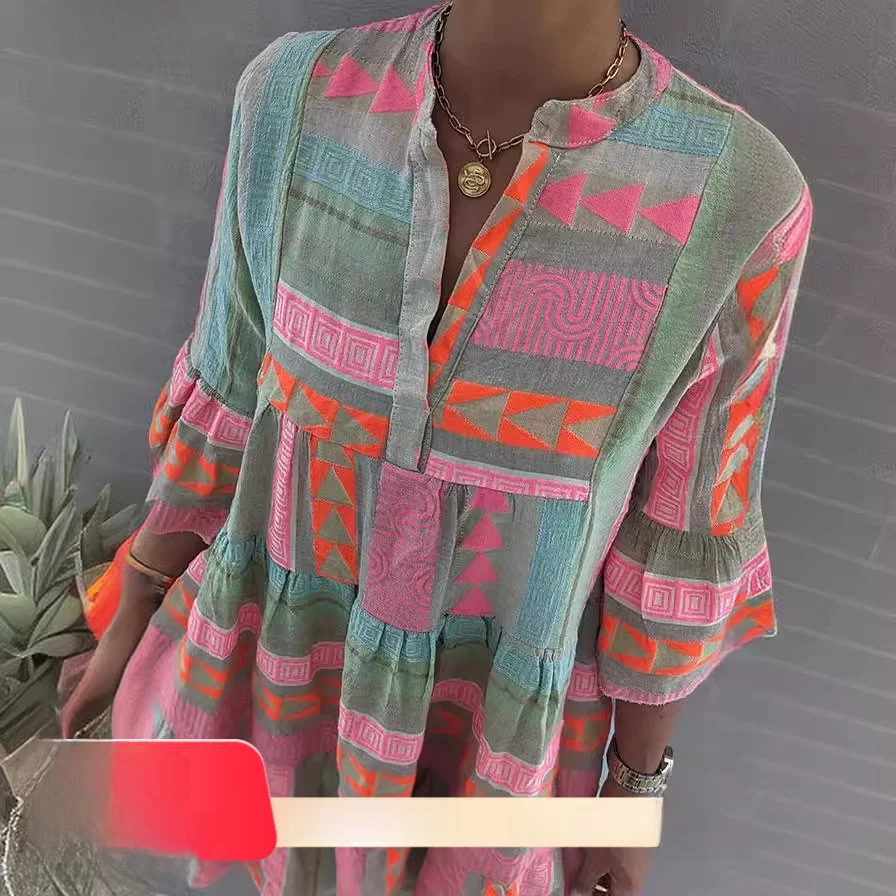 秋の新作 レディース ドクタープリント Vネック 七分袖 ドクタープリント コットンリネン素材 ベルスリーブ ヨーロピアンスタイル