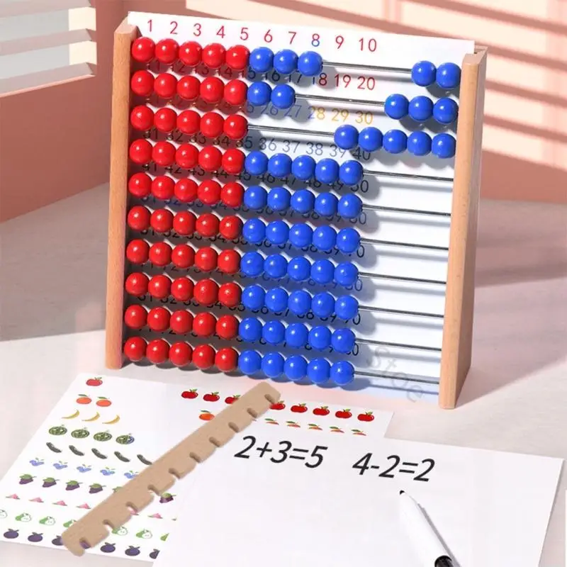 96BA Preschool Math Learning Abacus with Red Blue Counters, Cards and Pen