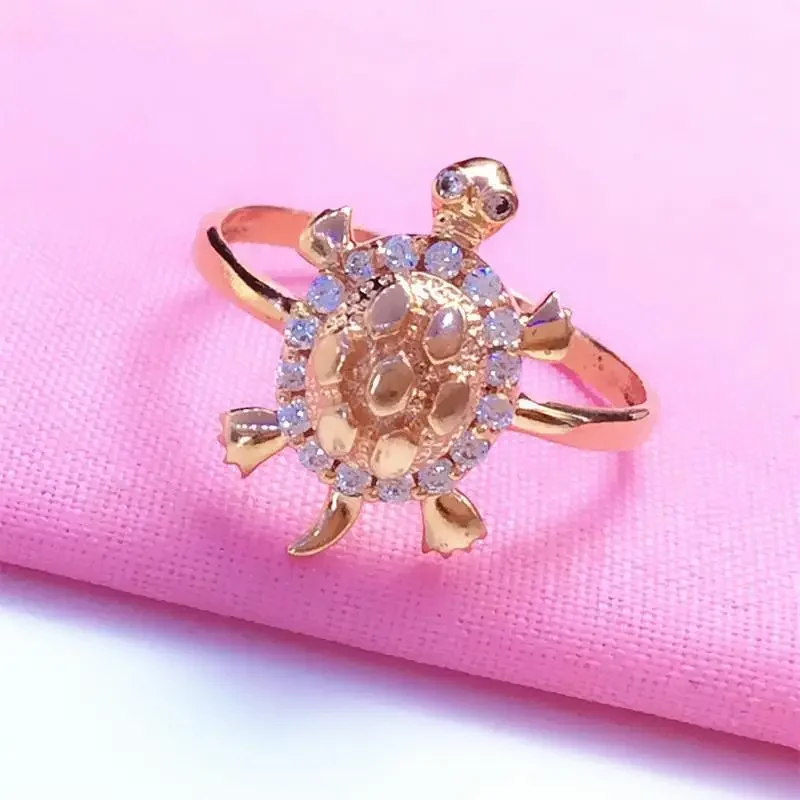 Classic Chinese Style Shiny Cute Turtle Shaped Rings for Women Rose Golden Inlaid Crystal Ring Exquisite Design Jewelry